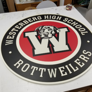 Multilayer sintra sign with printed vinyl background